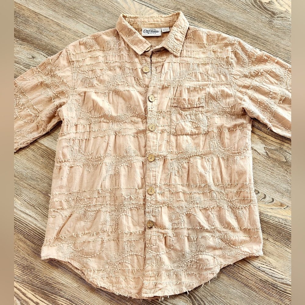 Cottonseed Textured Boho Embroidered Top Beige Womens L Button Up 3/4 Sleeve